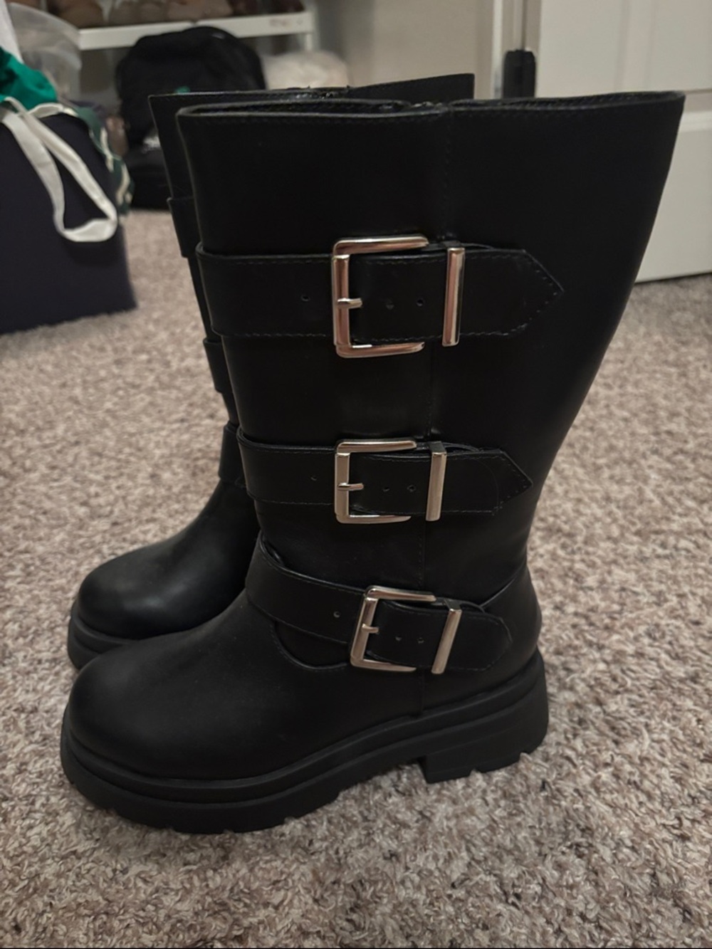 Black Leather Buckle Mid-Calf Motorcycle Boots